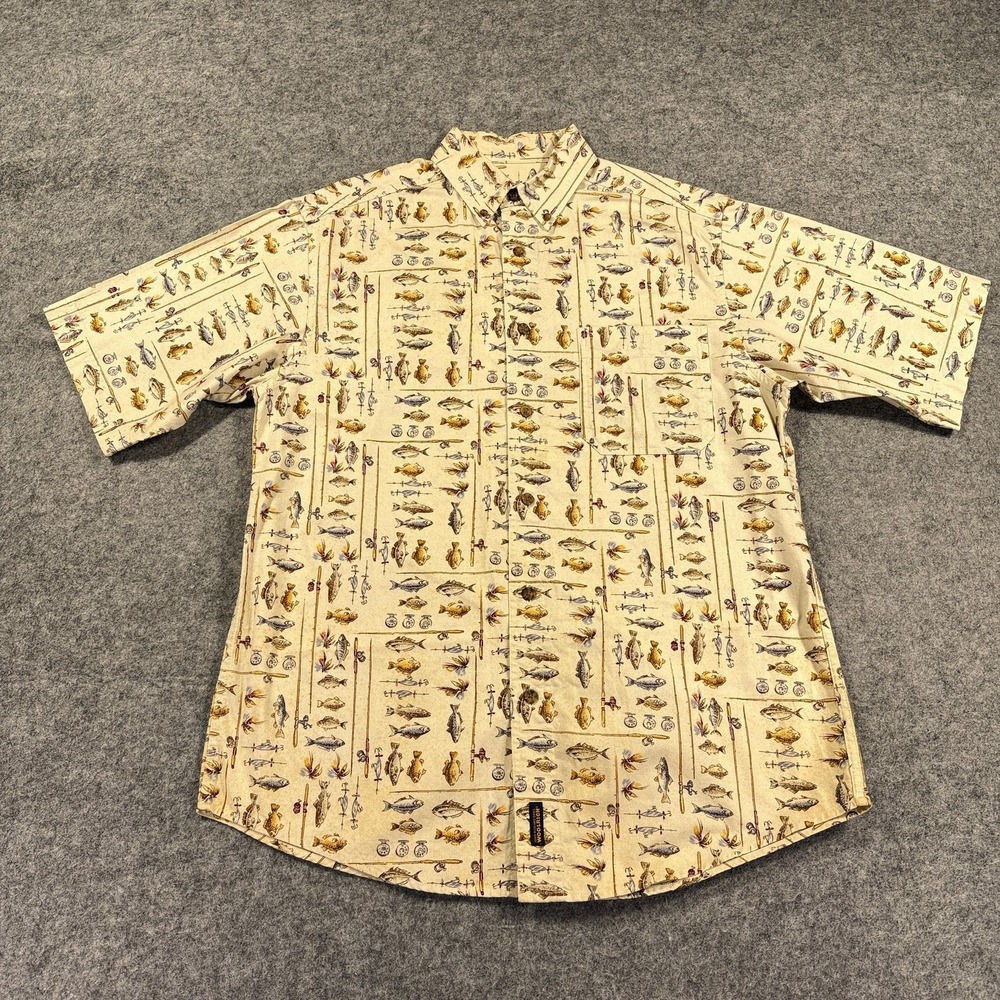 VTG Woolrich Shirt Mens Medium Beige Freshwater Fishing‎ Short Sleeve Print